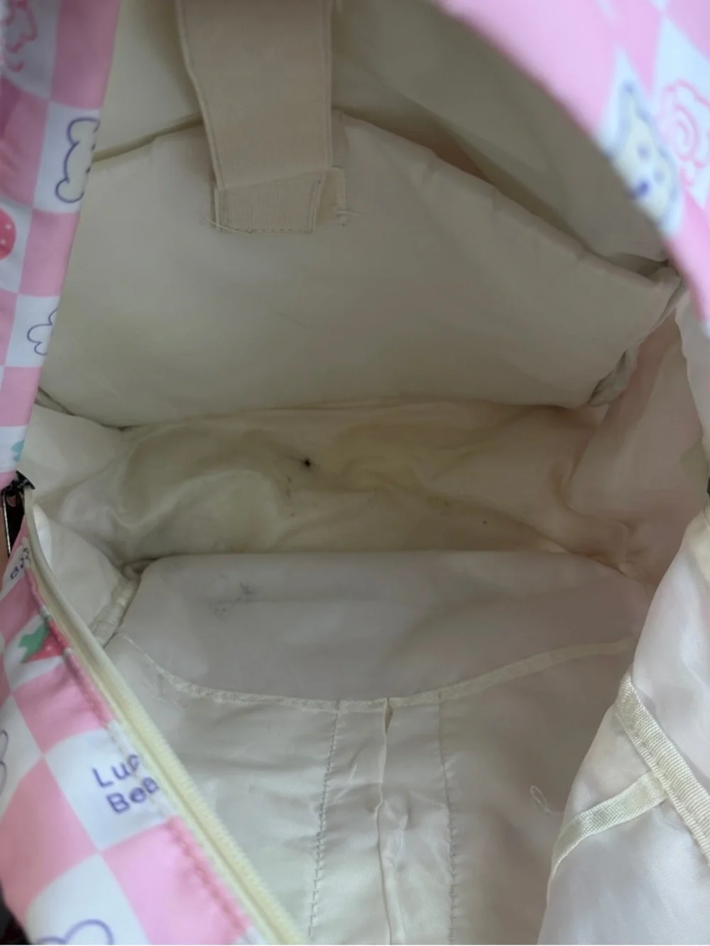 Luck Bear pink white check plaid backpack